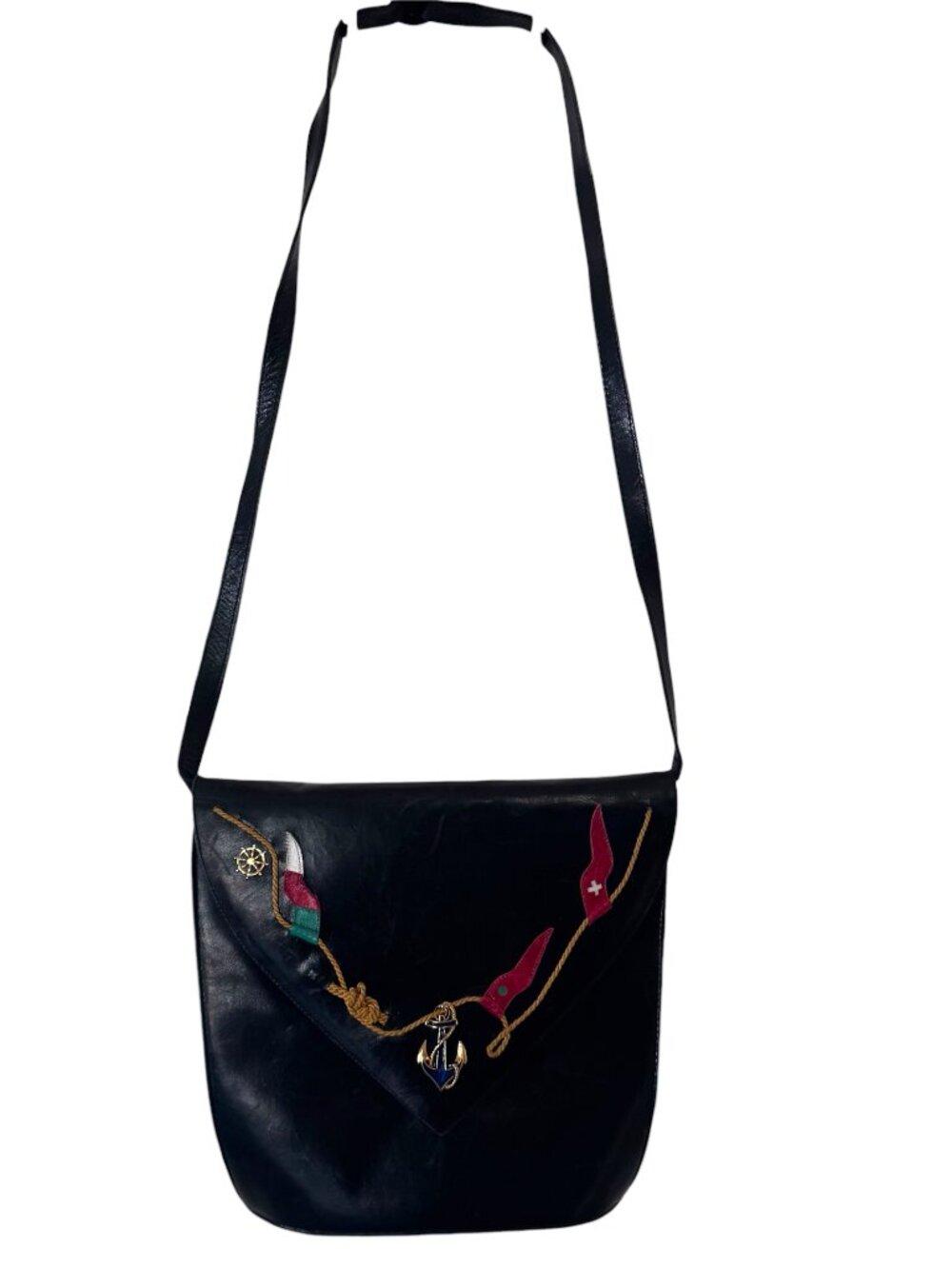 Margaret Jerrold Vintage Nautical Black Leather Crossbody Bag 1980s